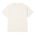 An off-white short-sleeve crewneck t-shirt featuring a large, tonal embossed square pattern on the front, displayed against a solid white background.