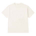 An off-white short-sleeve crewneck t-shirt featuring a large, tonal embossed square pattern on the front, displayed against a solid white background.