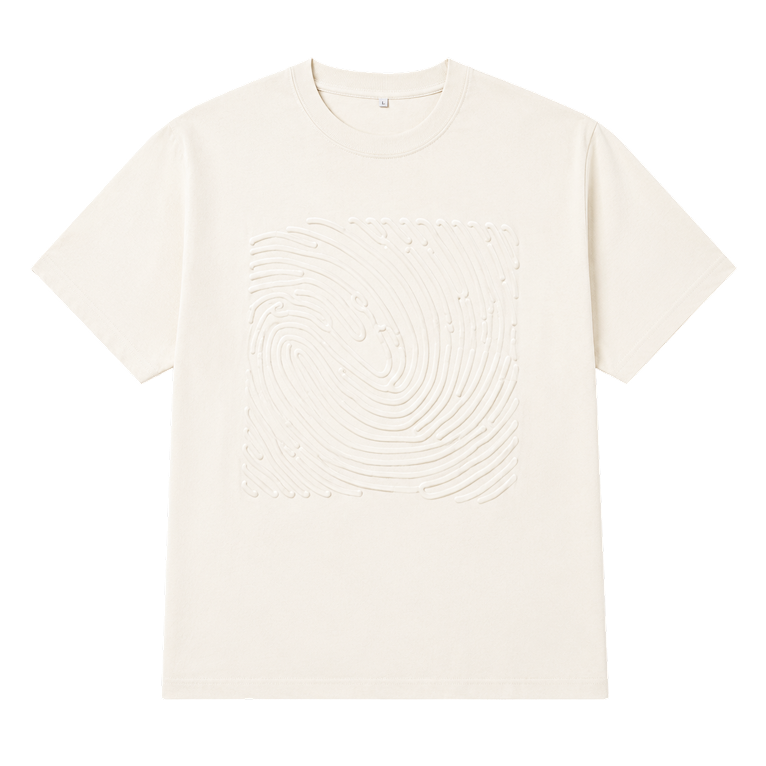 An off-white short-sleeve crewneck t-shirt featuring a large, tonal embossed square pattern on the front, displayed against a solid white background.