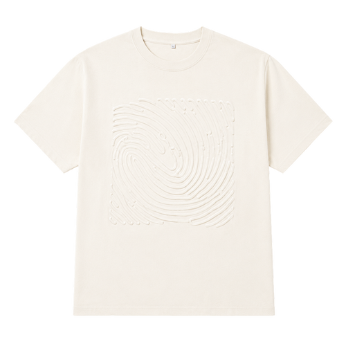 An off-white short-sleeve crewneck t-shirt featuring a large, tonal embossed square pattern on the front, displayed against a solid white background.
