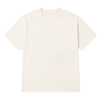An off-white short-sleeve crewneck t-shirt featuring a large, tonal embossed square pattern on the front, displayed against a solid white background.
